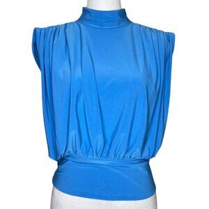Express Deep Sky Blue Maeve Cap Sleeve Mock-Neck Pleated Top Blouse Sz Large
